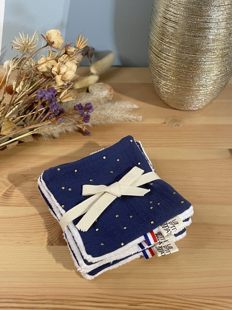 lot de 5 lingettes en double gaze indigo à pois doré et éponge de bambou