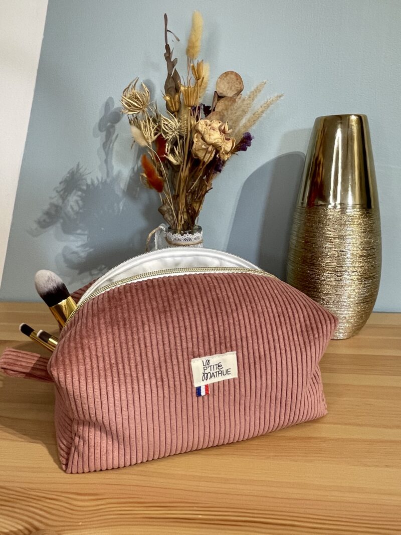 trousse de toilette en velours côtelé vieux rose