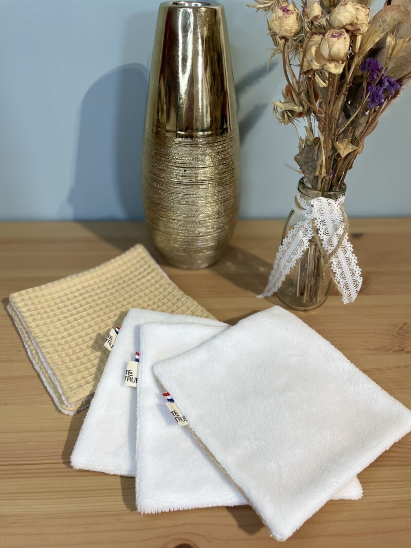 Lot de lingettes en nid d'abeille jaune blé et éponge de bambou blanc