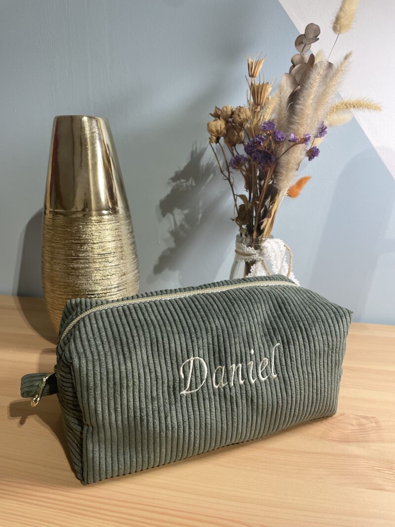 trousse de toilette en velours côtelé kaki avec broderie