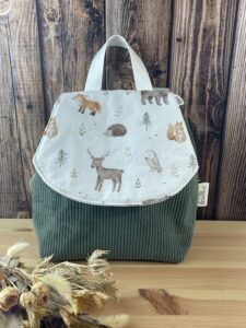 sac a dos enfant en tissu velours côtelé kaki et tissu foret enfant