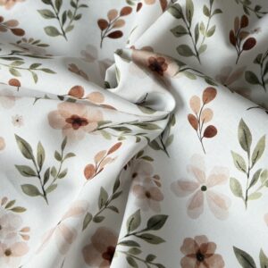tissu popeline de coton fleuri vieux rose et feuille verte certifié oeko tex