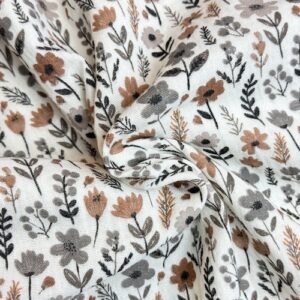 tissu en double gaze de coton oeko tex fleur camel et grise sur fond écru