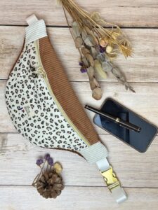 Sac banane standard en velours côtelé rouille et beige et tissu coton léopard fait main